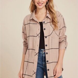 Maurices Cabin Windowpane Boyfriend Button Down Shirt Tan Black XS